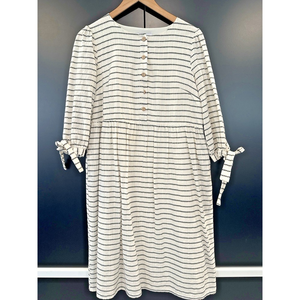 Piper & Scoot Cream Black Striped Button Front Midi Dress Tie Cuff Small
